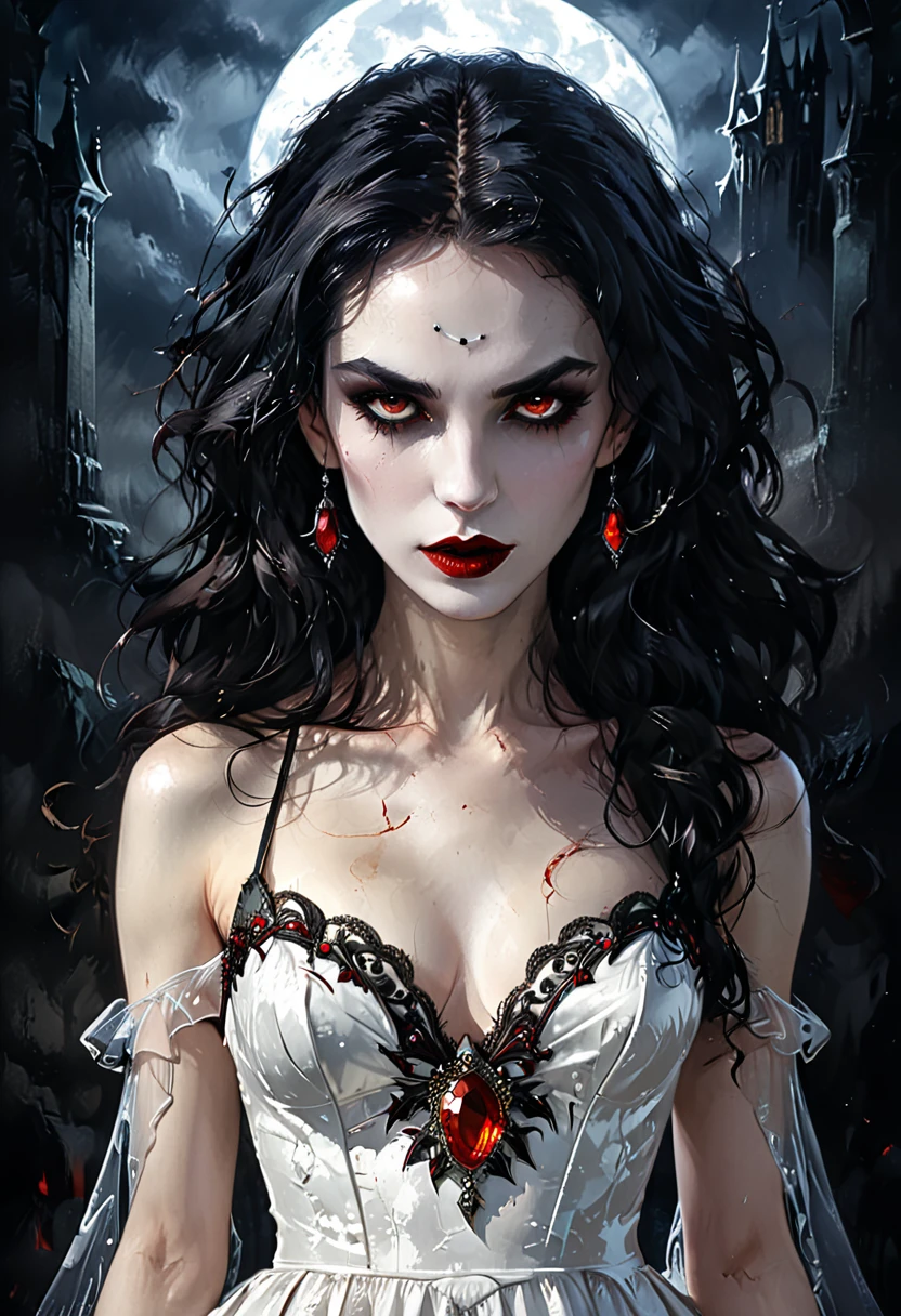 Arafed, dark fantasy art, goth art, a beautiful female vampire wearing a white evening dress stained with blood, an extremely beautiful female vampire, ultra detailed face, black hair, long hair, wavy hair, dark glamour make up, pale skin, red lips, glowing red eyes, visible vampiric fangs, she wears a ((white evening dress: 1.5)), elegant, intricate detailed dress, silk dress, small cleavage, ((dress is decorated with gems: 1.4)), she wears elegant knee high heeled boots, exquisite knee high heeled boots, there are stains of blood on the upper part of the dress, dark novel,