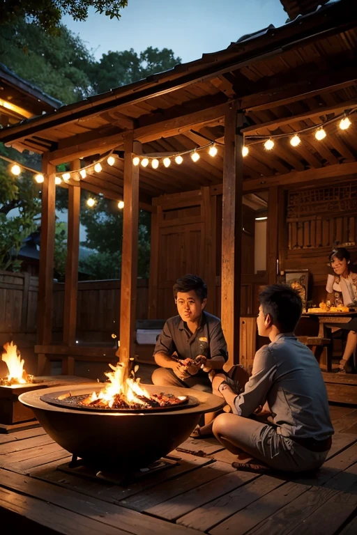 ((Best quality)), 
((masterpiece)), 
(detail), 
a Indoneisan family of father, mother and 2 sons, are sitting grilling satay in a traditional grill, you can see the coals of charcoal and satay meat queuing to be grilled, with the background of a simple village house with wooden walls with a brown tiled roof