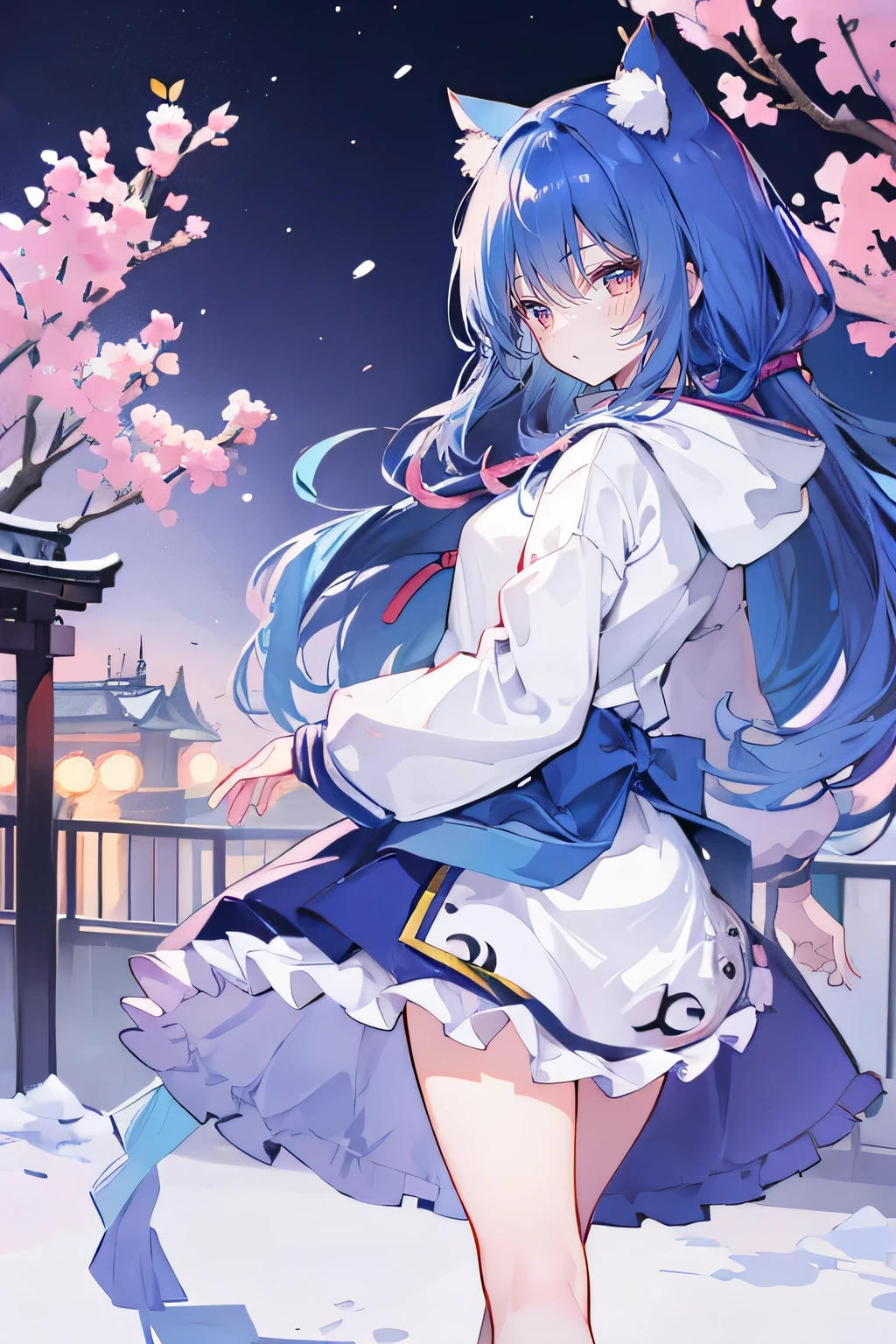 （masterpiece：1.2），Super detailed，lifelike，Expressive eyes，fair skin，perfect face shape，1 girl，
Japanese comics,Gorgeous blue hair,flowing blue hair,flowing clothes,Cat ears,Petals fall,beautiful lola,Baby Angel,
Shaking head with one hand，Cross your legs，Gentle and peaceful background，The pavilion is cool and comfortable,smile, wearing hoodie, background of tokyo,back views,snowing, winter.
