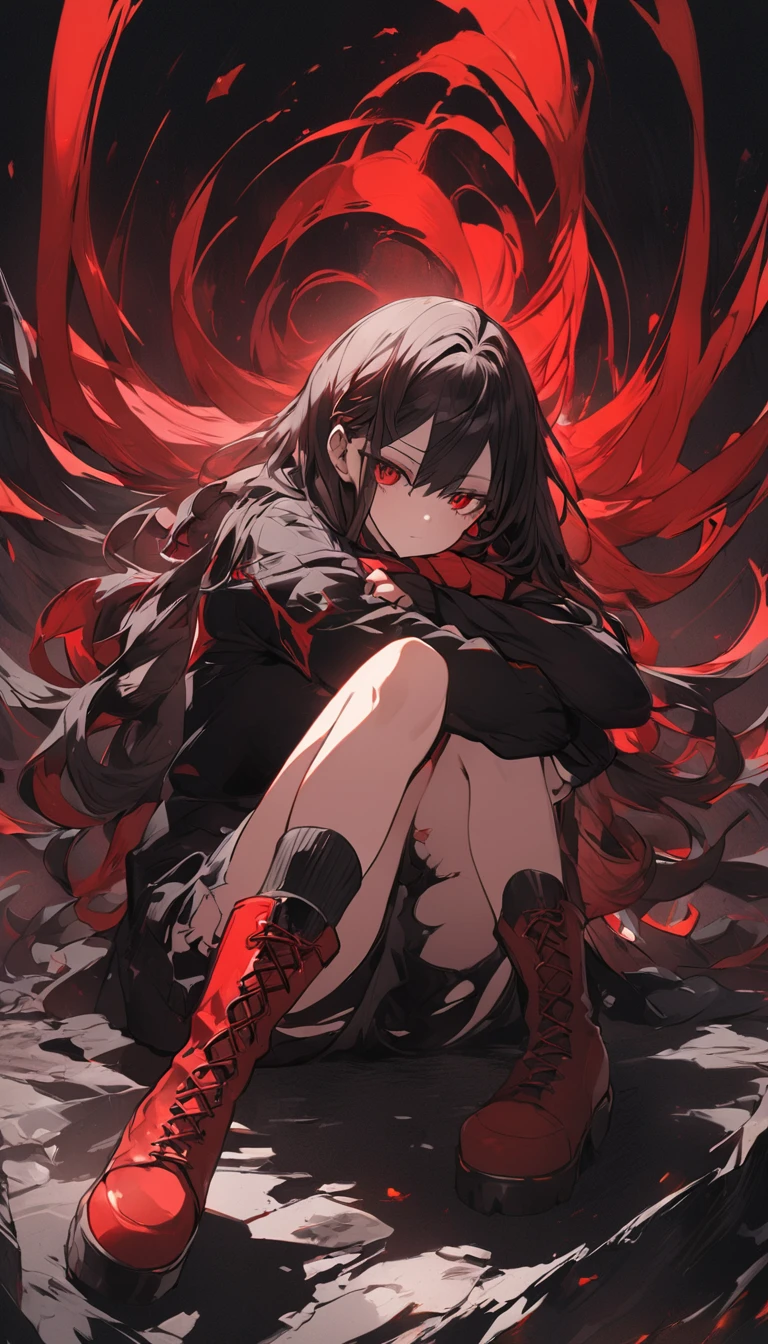 This illustration depicts a girl with long hair, dressed in black with torn details, and wearing red boots, sitting with one leg bent up. The background is dark, with white and red accents creating a dynamic, intense atmosphere. 2.5D Style