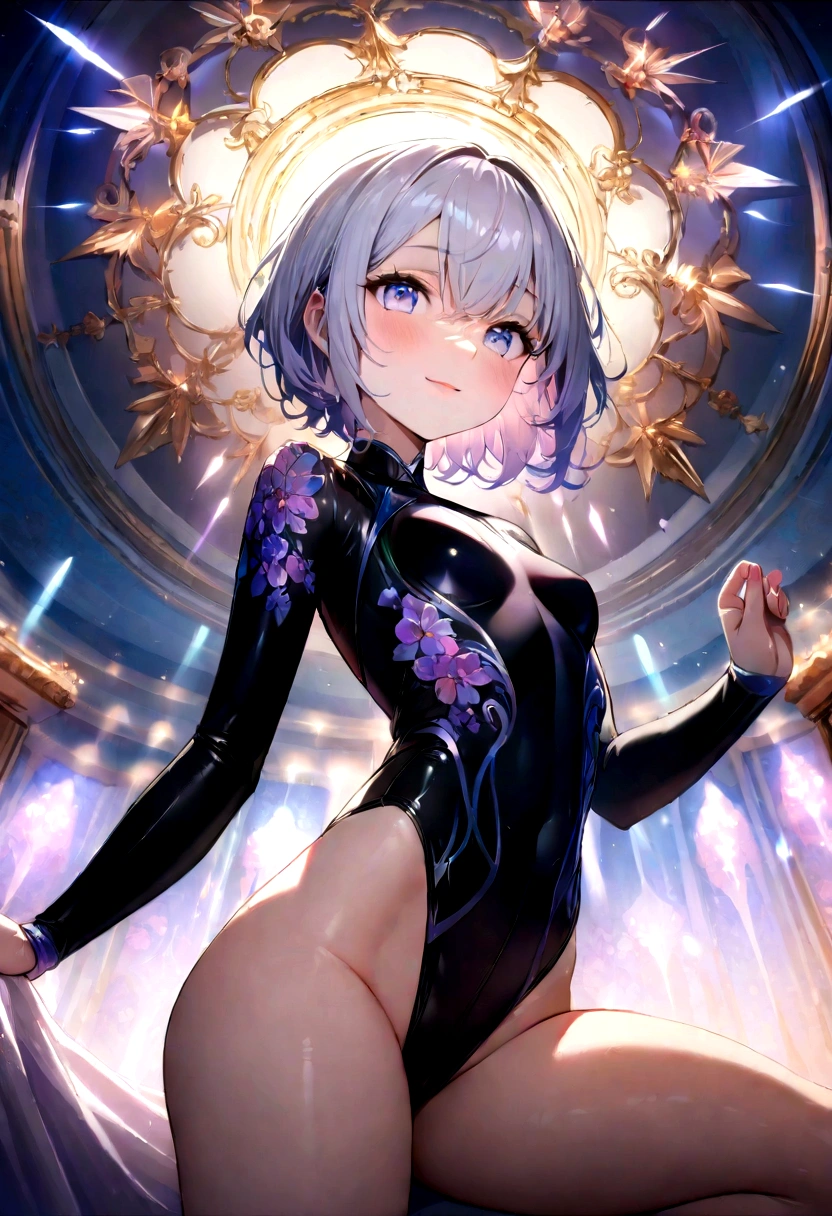 highquality illustration, masterpiece, very delicate and beautiful, attractive girl,(gymnastics leotard, Floral patterns leotard,long sleeve leotard with glittery decoration,high_leg leotard,athletic leotard,tight-fit leotard,iridescent gradient leotard),thin,slender body,slim,high school,gymnasium background,gymnastics club,gymnastics athlete,princess, beautiful eyes,light smile,(masterpiece, best quality:1.2), highres, extremely detailed CG unity 8k wallpaper, perfect lighting, Colourful, ultra-high res,4K,ultra-detailed, photography, 8K, HDR, 17 ages,