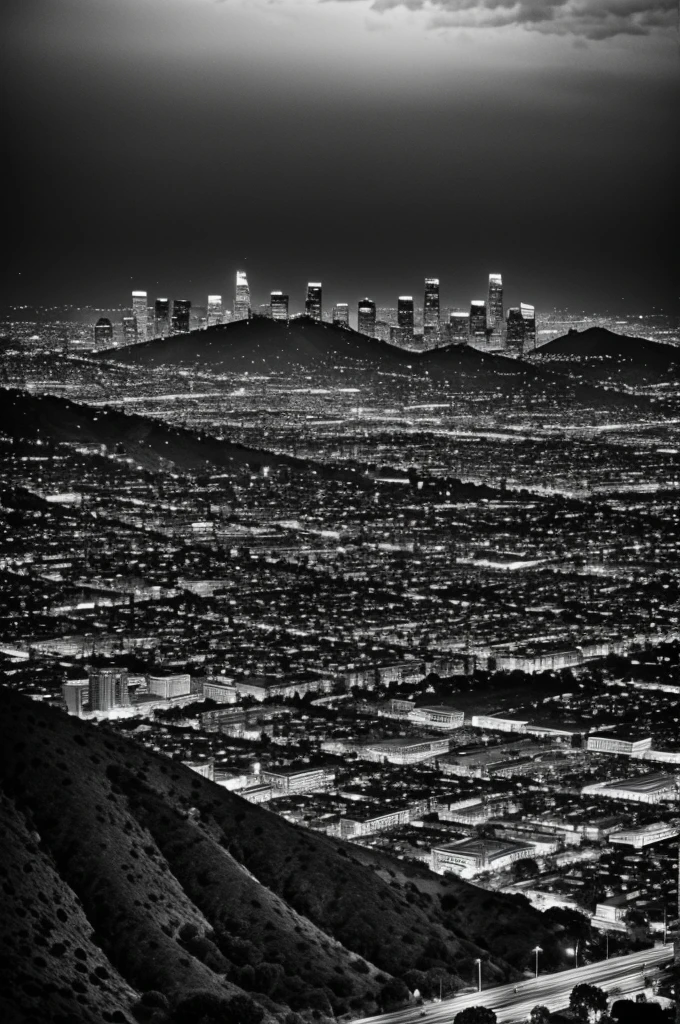 Black and white artistic composition with visual texture about Los Angeles inspired by the works of Gustave Dore