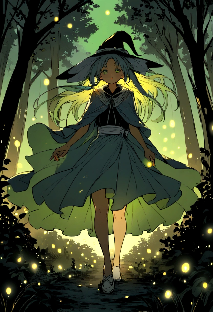 The witch walks through the forest night fireflies wind
