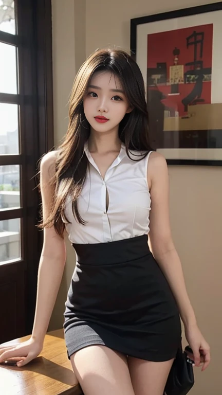 1 Girl,Leaning on the table,Soft Light,Chinese Beauty,Suspender Skirt,Dark-haired,Length of hair