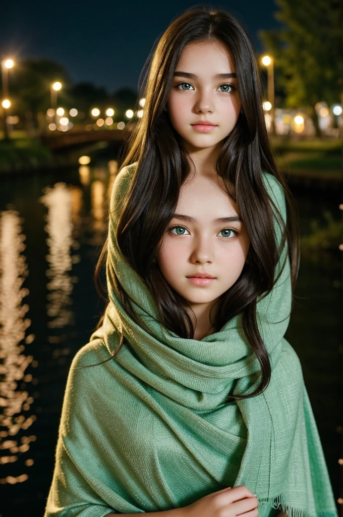 Pretty 16 year old girl, striking green eyes, shawl, white skin, rosy cheeks, very long dark hair ,river, night