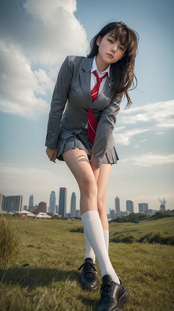 (Highest quality,4K,8K,High resolution,masterpiece:1.2),Super detailed,(Realistic,photoRealistic,photo-Realistic:1.4), Professional photos:David Dubnitsky, Natural light, Portraiture, Beautiful young Japan girl, 17 years old, wear ((Dark grey blazer, Red tie, White button-up shirt, White socks, (Black shoes and red laces), High School Uniform: 1.4), Very low neckline, She is not wearing a skirt and her beautiful legs are exposed.、Exposing her breasts), Captivating look, Soft glow, Elegant beauty, Soft Skin Ice for a perfect face, fine blue-gray eyes, Sexy pose, Delicate skin texture, Flowing, messy hair, Amorous expression, Sexy posture, clavicle, Naturally sagging breasts, Raise your knees, leaning with Sexy pose, With legs apart, (Grassland with skyline:1.4), Subtle Shadows, Sunlight and clouds background, Shallow depth of field, Foggy and green atmosphere, Artistic photography, (close:1.2), (View from below:1.4), Photon Mapping, Zoom in