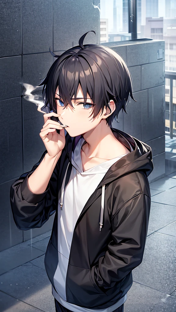 Anime boy wearing headphones smoking in the rain wearing hoodie