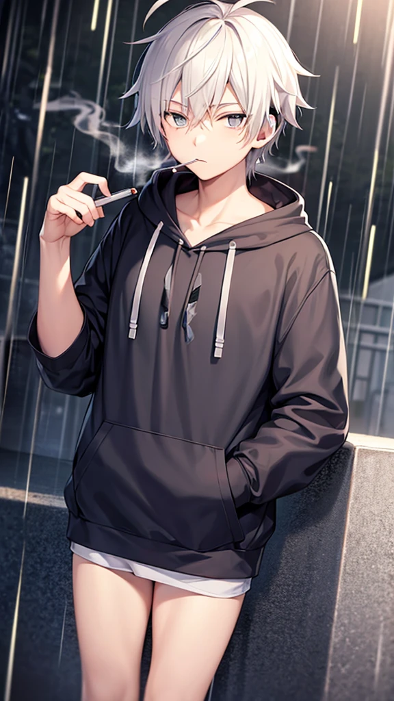 Anime boy wearing headphones smoking in the rain wearing hoodie