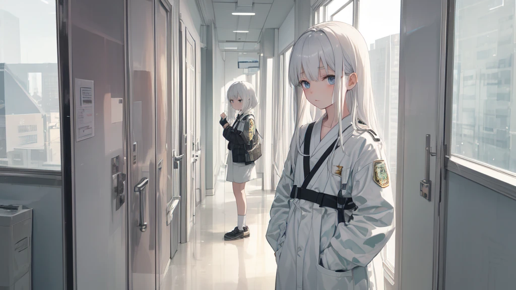 masterpiece:1.2), best quality ,pixiv, anime girl ,long straight white hair , black eyes ,Wearing off-white camouflage uniform ,ten years old,(Eyes looking into the distance:1.3),(look away:1.5),Girl standing in closed hospital corridor,