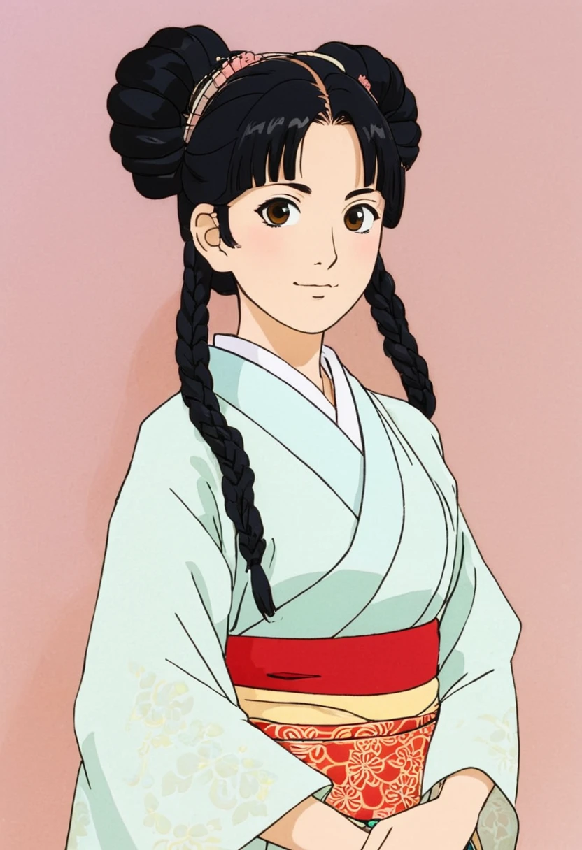 A Ghibli's studio character (2D). She have her black hair tied in a long pigtails. She wears traditional oiran clothes. Her aesthetic is cold.