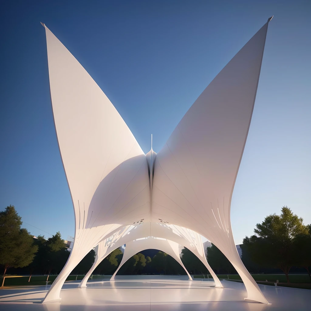 There is a huge white structure,There is a huge white butterfly on it, Futuristic Church, tent architecture, santiago Calatrava, Calatrava, Web portals. Zaha Hadid, High-quality architectural art, Moonlight Rendering, by Zha Shibiao, ribbon chapel, inspired by Zha Shibiao, Zaha Hadid octane highly render, Complex 3D Rendering, pavilion