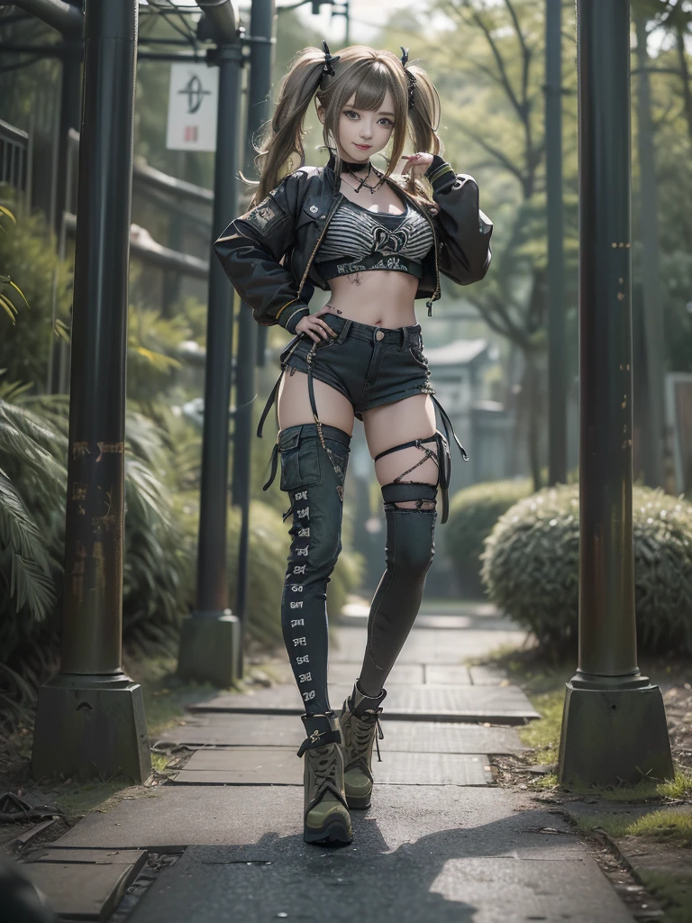 Cute 18 yo English woman with raven black hair, (short:1.1),(pale:1.4), ice blue eyes,(small breasts:1.2),((pixie cut)), Smoky eye, mascara, black lipstick, black nail polish, spiked choker, black skirt, fishnets, black sleeveless, t-shirt, boots. Leather Jacket, fingerless gloves.