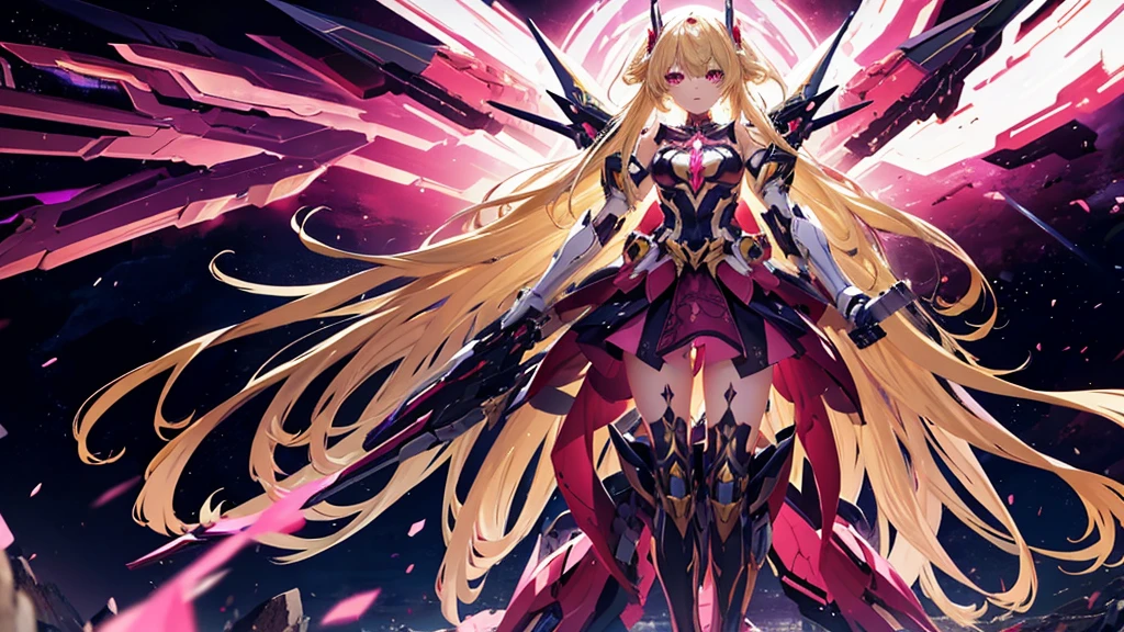 a beautiful magical girl with long blond hair and red eyes, wearing a magical girl style leotard combined with mecha style skirt and other mecha style accesories, full body turned towards the viewer, detailed face, extremely detailed eyes and face, hyper detailed, 8k, high quality, intricate, mecha style, fantasy, cinematic lighting, dramatic composition, vibrant colors