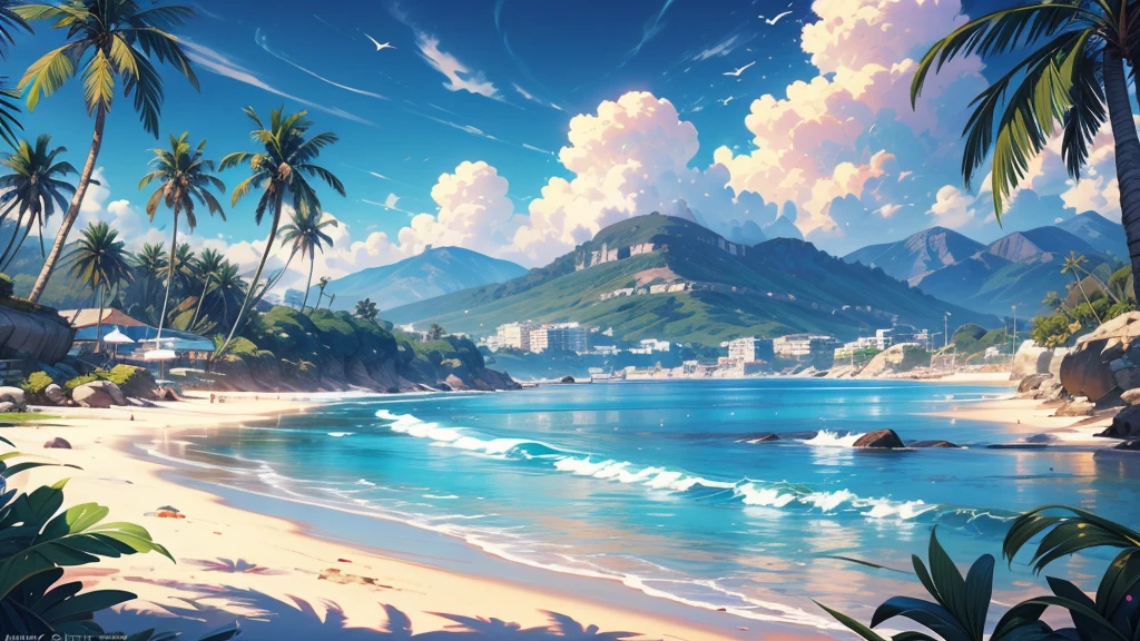 the beach with palm trees, rhads and lois van baarle, lois van baarle and rossdraws, artgerm and lois van baarle, beautiful digital artwork, beaching, extremely detailed artgerm, deviantart artstation cgscosiety, anime background art, amazing wallpaper, background art, hd wallpaper, relaxing concept art, beautiful wallpaper, high quality desktop wallpaper, background artwork, pc wallpaper, anime background, wallpaper hd, 8K image quality, Masterpiece