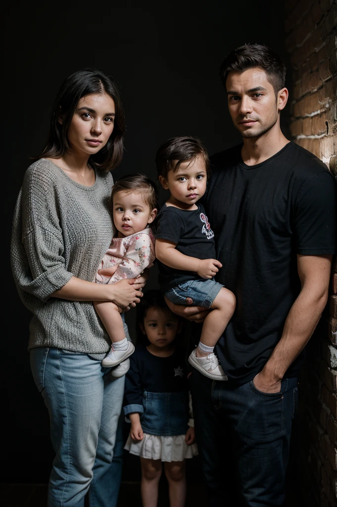 A man aged 30 & a woman with a 4 year old son and a 2 year old daughter , wearing modern clothes this year, on a dark background ,Please shine a little