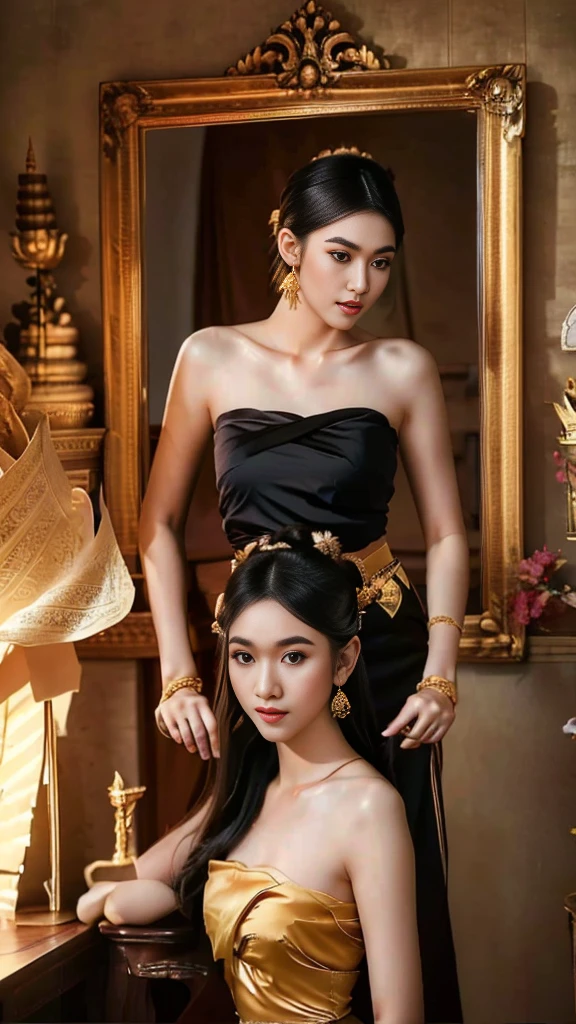 masterpiece, highest quality, HDR, high contrast,    ((beautiful girl, Thai Female Soldier)),   bun hair,  highly detailed lips,     detailed eyes,     double eyelid,    Make-up face.

((flchut thai dresses, strapless shirts)),

just showing his face.     pretty face.    captivating.     make-up face.    long eyelashes,    just showing his face.     pretty face.    captivating.     make-up face.    long eyelashes,    just showing his face.     pretty face.    captivating.     make-up face.    long eyelashes,    ((in front of the make-up mirror))