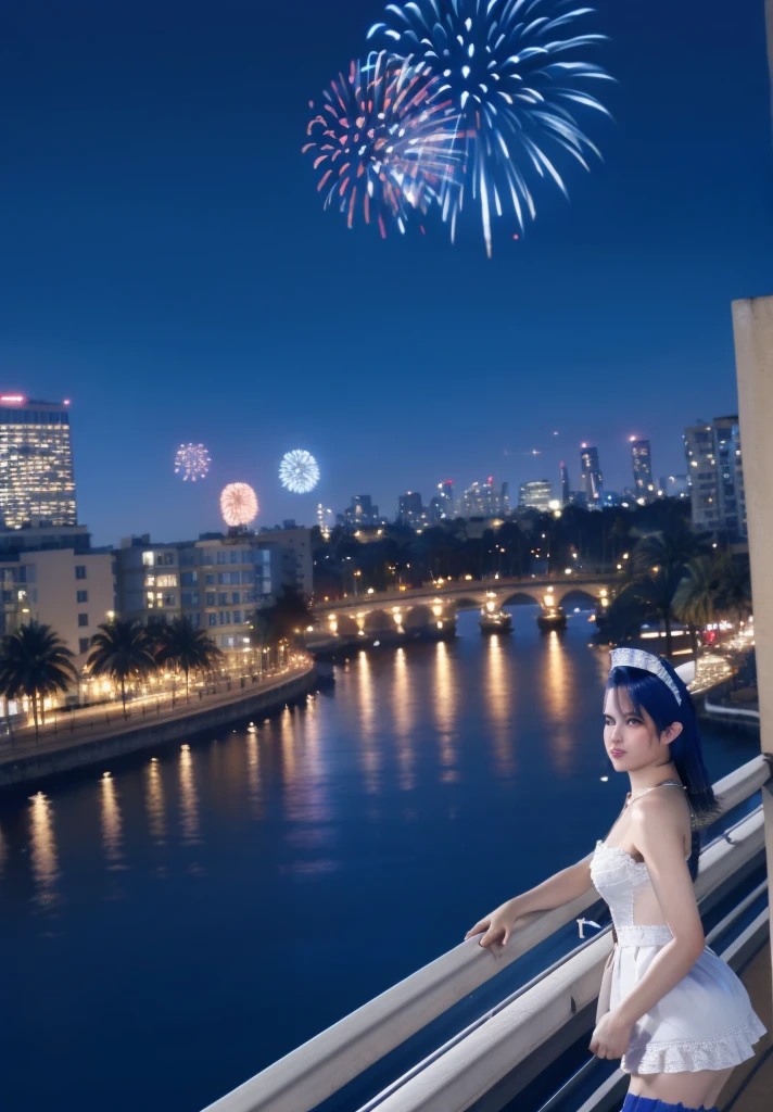 lobelia, 1girl, maid outfit, look at the view, Balconies, fireworks, high quality, masterpiece