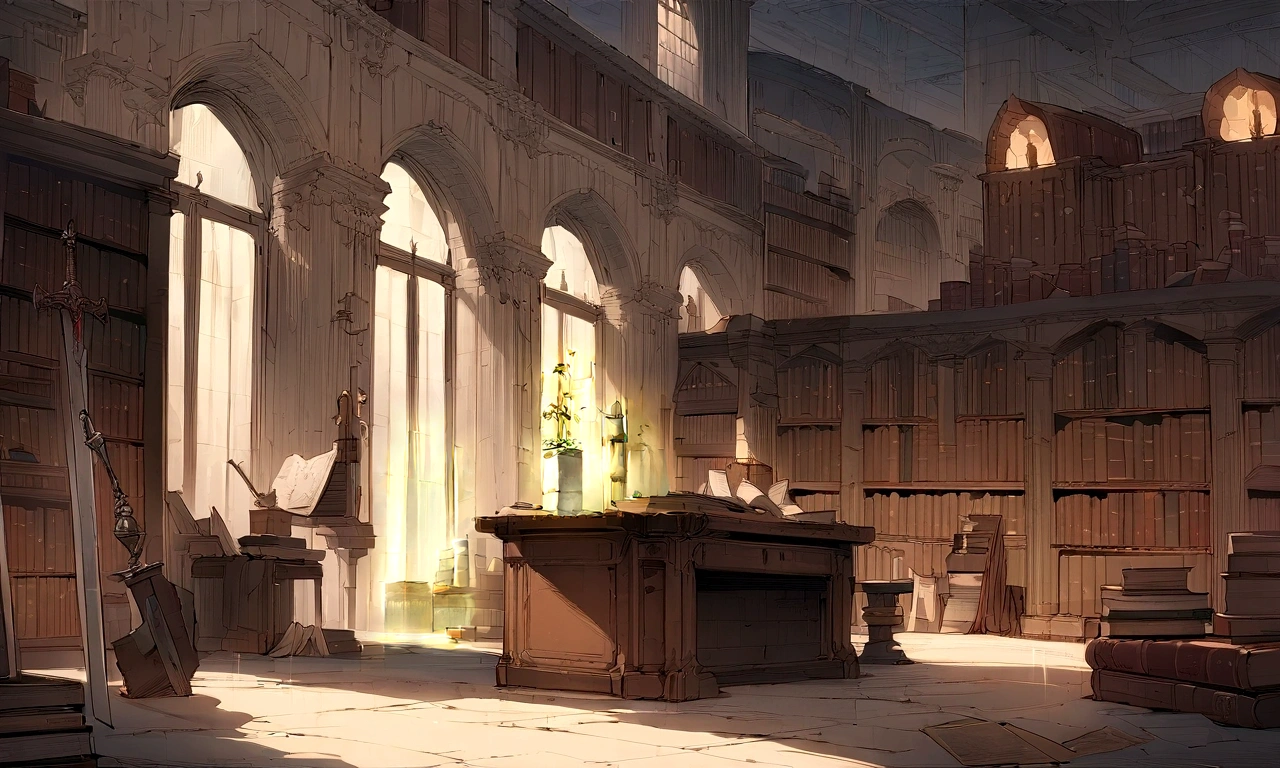 ((((masterpiece, Highest quality, High resolution)))), High detail, manga,anime,Illustration Style,Topic Prompts "The Sword Laid, Sword in the center,Luxurious sword, A room with a desk and bookshelf,Cursed Sword,Sinister Sword, Sword on the table, background, Ancient Library, Standing in a magical library, Dusty Library, Ruina concept art library, Adding context = "The Sword Laid,Cursed Sword,Sinister Sword,Luxurious sword, Sword on the table, Magical Library" possible: "The Sword Laid,Sword on the table, Surrounded by ancient documents and dusty volumes. The room exudes mystery and charm., Soft light coming through stained glass windows. Fascinated by the vast amount of knowledge. Full of ancient manuscripts, Potion Ingredients, Alchemy Equipment. A bookshelf filled with leather-bound books, The worn spine speaks of the wisdom of the years. The walls are decorated with intricate tapestries. The atmosphere was solemn and solemn., It's as if time itself is holding its breath within the walls.. Extremely detailed down to the last detail, Realistic quality, Capture the texture of the weathered page and the flickering flame of a candle. The overall color palette is rich and warm., Bright colors, Deep reddish, Arcee Brown, Golden decoration. The lighting casts a gentle shadow, 部屋の複雑さを明らかにする このmasterpieceは、It takes the audience into a realm of magic and knowledge.,"