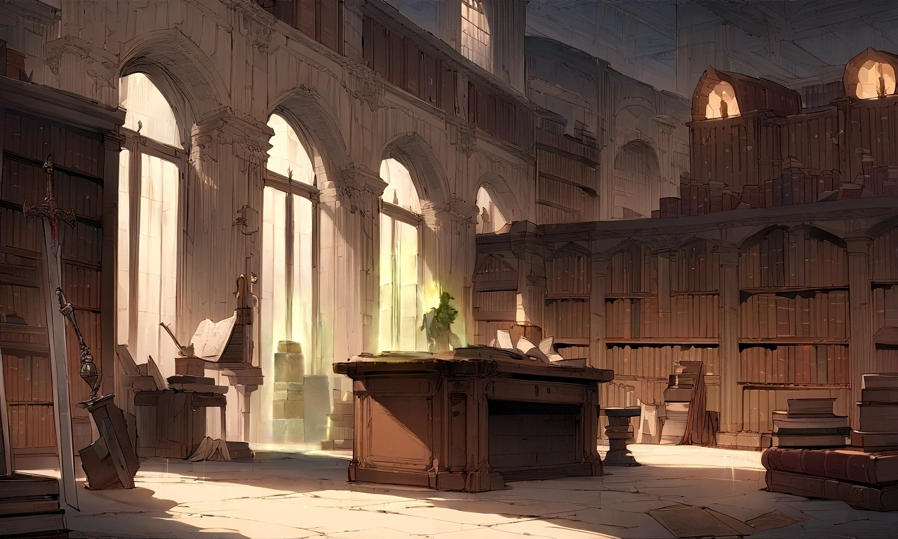 ((((masterpiece, Highest quality, High resolution)))), High detail, manga,anime,Illustration Style,Topic Prompts "The Sword Laid, Sword in the center,Luxurious sword, A room with a desk and bookshelf,Cursed Sword,Sinister Sword, Sword on the table, background, Ancient Library, Standing in a magical library, Dusty Library, Ruina concept art library, Adding context = "The Sword Laid,Cursed Sword,Sinister Sword,Luxurious sword, Sword on the table, Magical Library" possible: "The Sword Laid,Sword on the table, Surrounded by ancient documents and dusty volumes. The room exudes mystery and charm., Soft light coming through stained glass windows. Fascinated by the vast amount of knowledge. Full of ancient manuscripts, Potion Ingredients, Alchemy Equipment. A bookshelf filled with leather-bound books, The worn spine speaks of the wisdom of the years. The walls are decorated with intricate tapestries. The atmosphere was solemn and solemn., It's as if time itself is holding its breath within the walls.. Extremely detailed down to the last detail, Realistic quality, Capture the texture of the weathered page and the flickering flame of a candle. The overall color palette is rich and warm., Bright colors, Deep reddish, Arcee Brown, Golden decoration. The lighting casts a gentle shadow, 部屋の複雑さを明らかにする このmasterpieceは、It takes the audience into a realm of magic and knowledge.,"