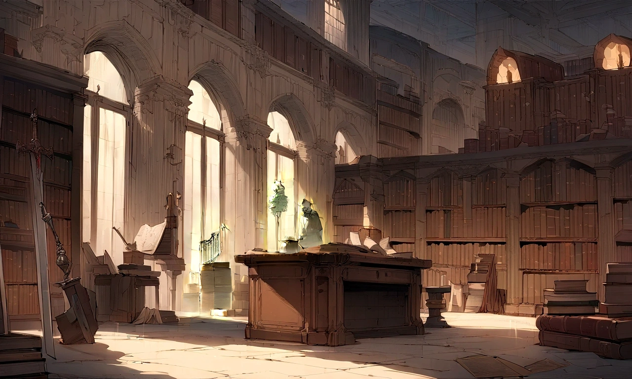 ((((masterpiece, Highest quality, High resolution)))), High detail, manga,anime,Illustration Style,Topic Prompts "The Sword Laid, Sword in the center,Luxurious sword, A room with a desk and bookshelf,Cursed Sword,Sinister Sword, Sword on the table, background, Ancient Library, Standing in a magical library, Dusty Library, Ruina concept art library, Adding context = "The Sword Laid,Cursed Sword,Sinister Sword,Luxurious sword, Sword on the table, Magical Library" possible: "The Sword Laid,Sword on the table, Surrounded by ancient documents and dusty volumes. The room exudes mystery and charm., Soft light coming through stained glass windows. Fascinated by the vast amount of knowledge. Full of ancient manuscripts, Potion Ingredients, Alchemy Equipment. A bookshelf filled with leather-bound books, The worn spine speaks of the wisdom of the years. The walls are decorated with intricate tapestries. The atmosphere was solemn and solemn., It's as if time itself is holding its breath within the walls.. Extremely detailed down to the last detail, Realistic quality, Capture the texture of the weathered page and the flickering flame of a candle. The overall color palette is rich and warm., Bright colors, Deep reddish, Arcee Brown, Golden decoration. The lighting casts a gentle shadow, 部屋の複雑さを明らかにする このmasterpieceは、It takes the audience into a realm of magic and knowledge.,"