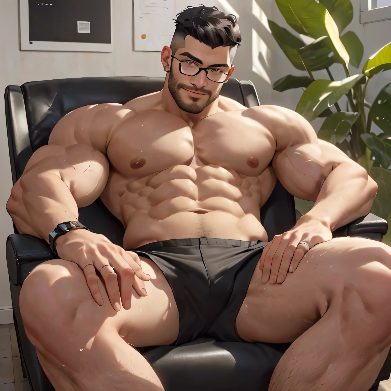 ((the best quality)), ((Masterpiece)), (details), perfect face, high definition, Masterpiece,4k,details clearly, Handsome face, white skin, perfect body, male body, strong muscles, abdomen, Gray eyes, white skin, The most handsome man in the world, handsome, The coolest face, Male characters, close image (1man, shirtless), young man, mischievous smile, Extremely muscular tall man, open your eyes ((detailed eyes)), huge, muscular body and Massive, bulging pecs, muscular abs, narrow waist, short hair, gray eyes, delicate big eyes, carefree expression, clear face, handsome (detailed face, perfect face) ((extremely realistic shadows, bodybuilding posture, human, V shape, athletic, athletic, Shirtless, Sunlight, lower pants, topless, close up look, CG sense, Textured skin, the best quality, Storytelling images, lower your pants, show Panty line, Show your abs, show arm muscle, Black hair, shining gray eyes, eyes contact, high school, bracelets, rings, Big hunk guy, Ear-piercing, black frame glasses, black briefs, FLAT-TOP UNDERCUT, in the room, the hottest young adult, black socks, no shoes, sit on the chair, seductive eyes, black underwear, show your armpit