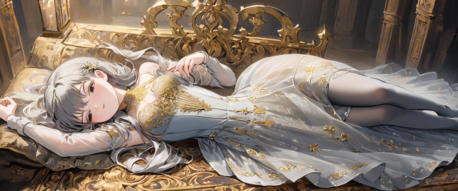 Girls in the Middle Ages、 Gold and silver embroidery、underwear姿、Knee-length semi-transparent drawers（underwear）Wearing、Wearing a semi-transparent corset、 Grey translucent tights、Lying down、White-gray pearl medieval long dress、to sleep on