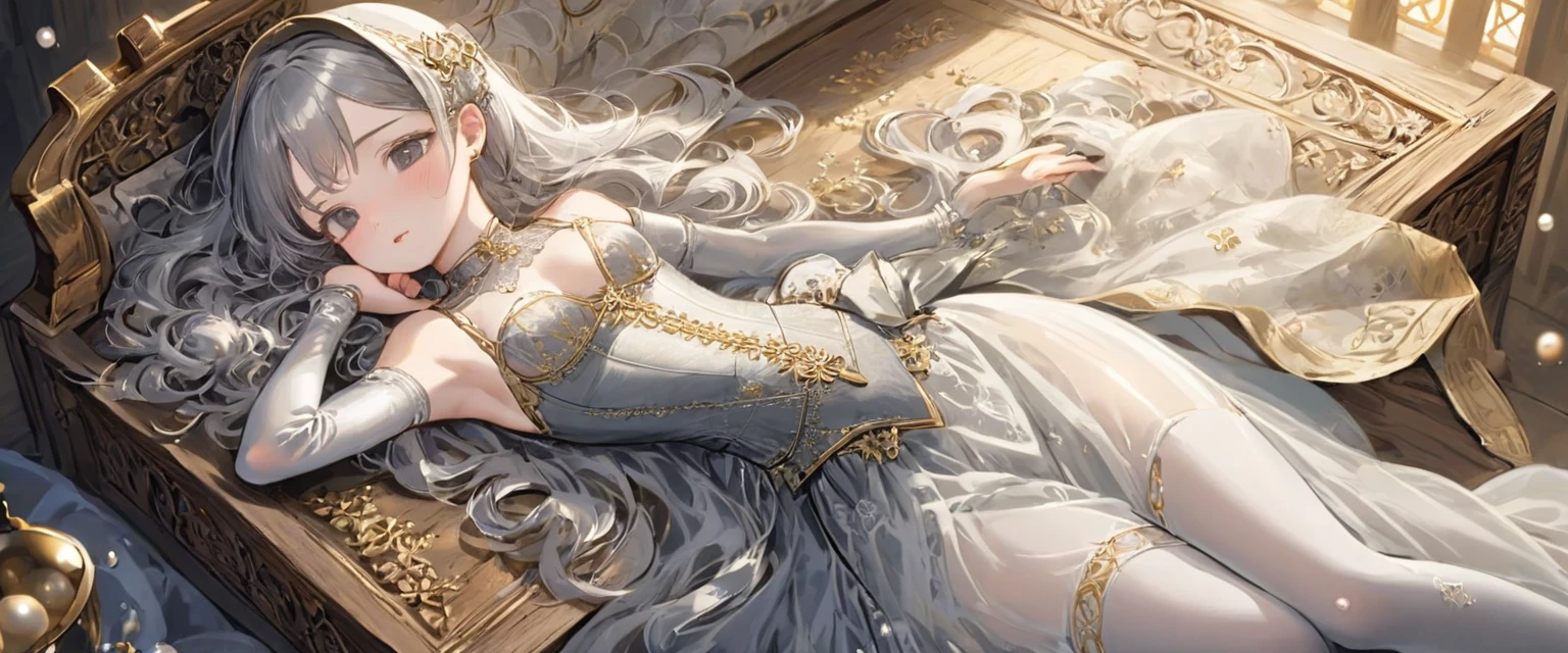 Girls in the Middle Ages、 Gold and silver embroidery、underwear姿、Knee-length semi-transparent drawers（underwear）Wearing、Wearing a semi-transparent corset、 Grey translucent tights、Lying down、White-gray pearl medieval long dress、to sleep on