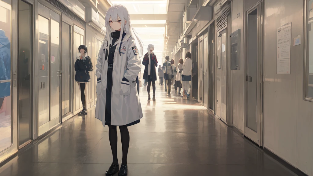 masterpiece:1.2), best quality ,pixiv, anime girl ,long straight white hair , black eyes ,Wearing off-white camouflage uniform ,ten years old,(Eyes looking into the distance:1.3),(look away:1.5),Girl standing in closed hospital corridor,
