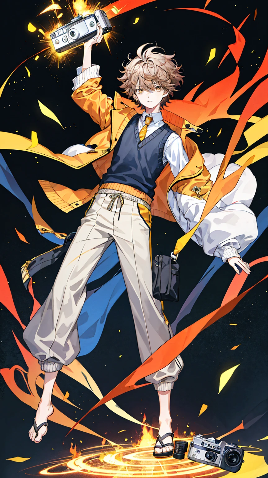1 boy, 20 years old, flipped hair, messy hair, full body, front view, have a camera, amber hair, palazzo pants, midi coat, raise right leg, sweater vest,