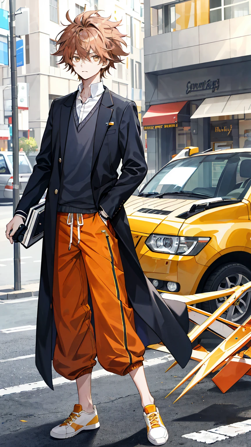 1 boy, 20 years old, flipped hair, messy hair, full body, front view, have a camera, amber hair, palazzo pants, midi coat, raise right leg, sweater vest,