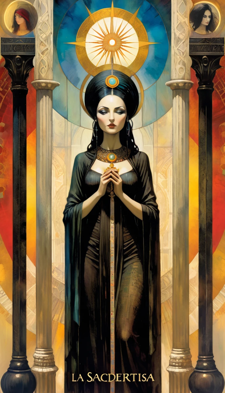 tarot card, the priestess, woman between two columns, one white column and one black column, FULL frames of tarot cards ((text on card: "LA SACERDOTISA")) (by dave mckean, intricate details, oil). bright colors, oil paint)
