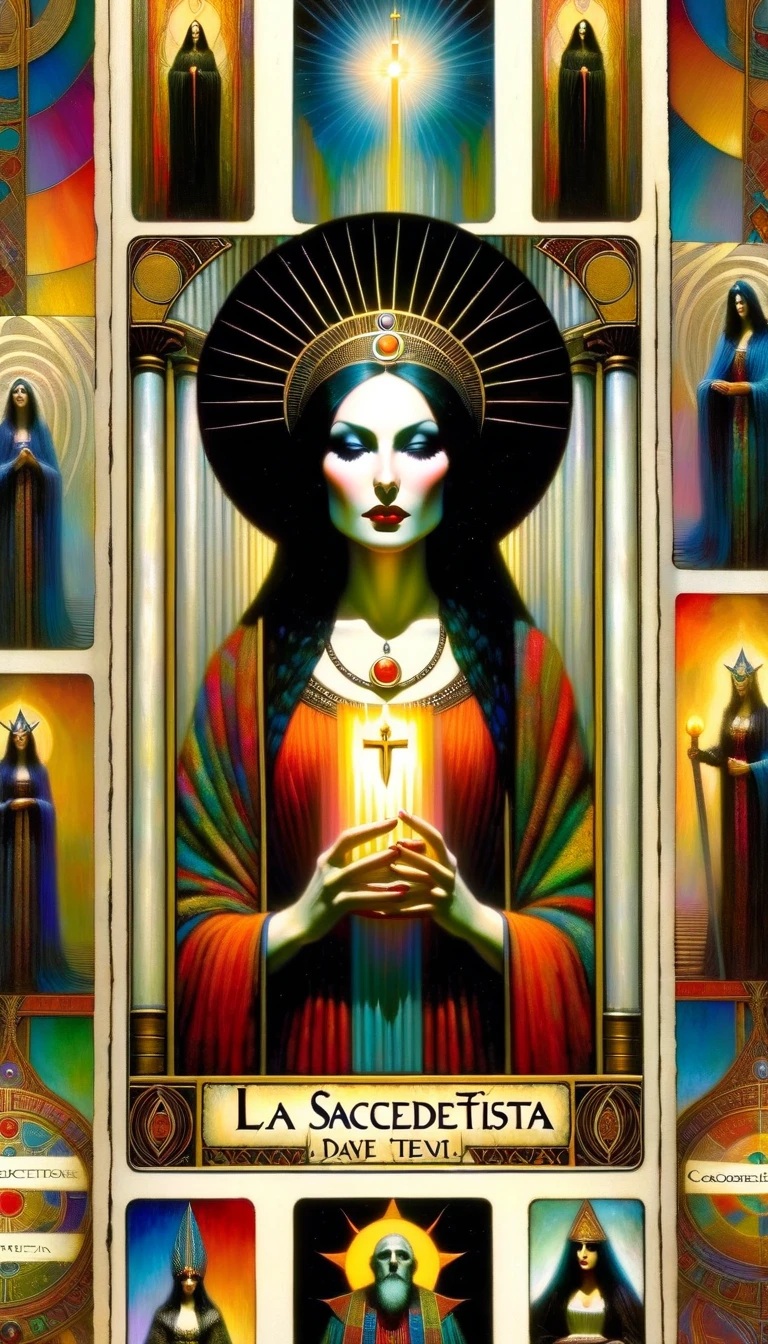 tarot card, the priestess, woman between two columns, one white column and one black column, FULL frames of tarot cards ((text on card: "LA SACERDOTISA")) (by dave mckean, intricate details, oil). bright colors, oil paint)