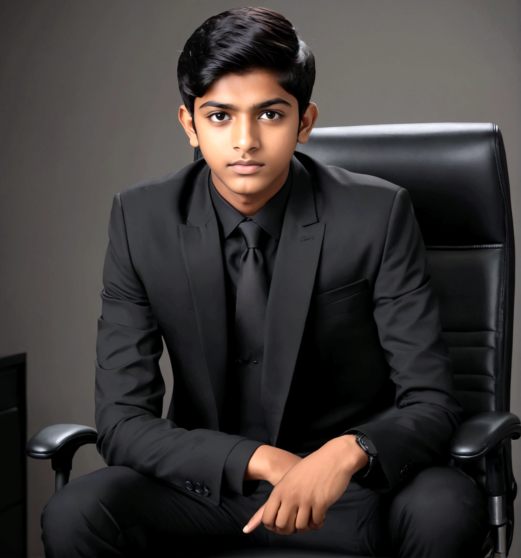 a 17 years old Indian bihari man, honey skin, short black hair, wearing black suit & pant, sitting on black office chair, image fill, best quality, 1080P, HD, 16k, super detail