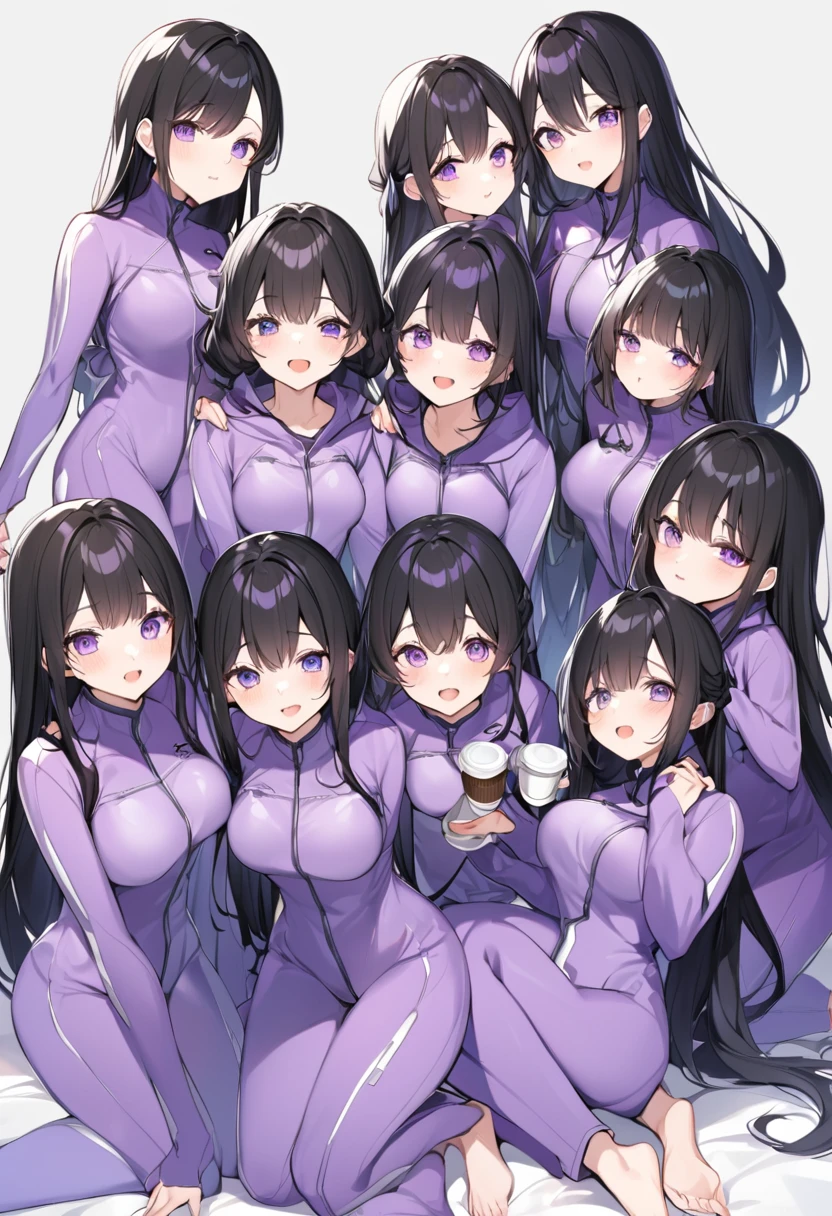 Wearing a purple diving suit、barefoot。hair is black、Purple eyes。Breasts are K cup。The skin is white and、Long hair。Has one brother and one sister。My sister has an E cup。All of them have black hair。6 siblings。Like we're lined up on the beach with the beach housey brother is wearing a black diving suit.。I have one older brother.。I have five sisters.。A total of 6 people including myself。