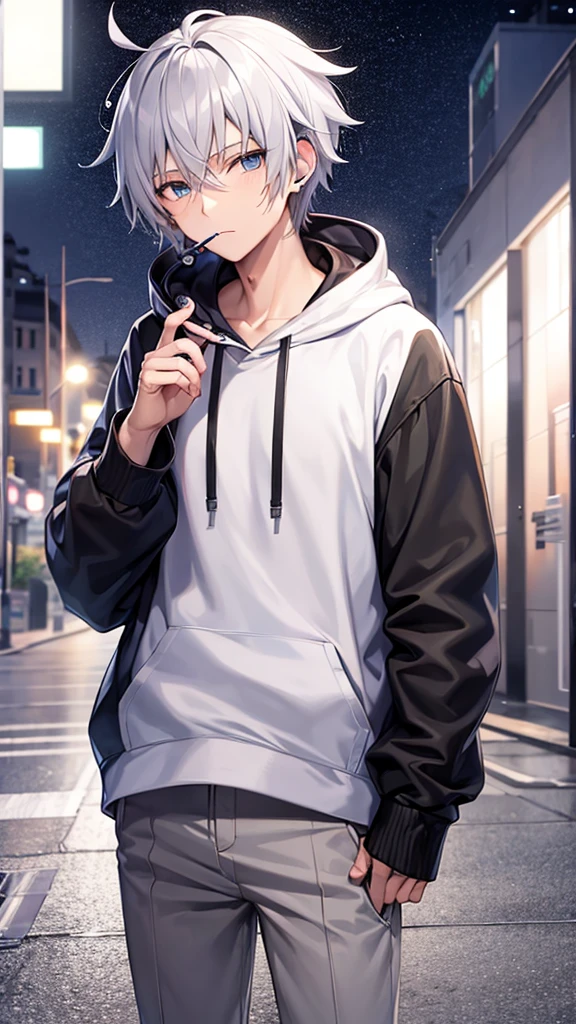 Anime boy wearing headphones smoking in the rain at night wearing hoodie
