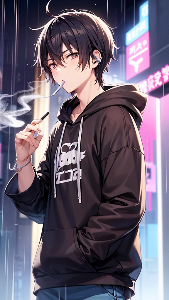 Anime boy wearing headphones smoking in the rain at night wearing hoodie