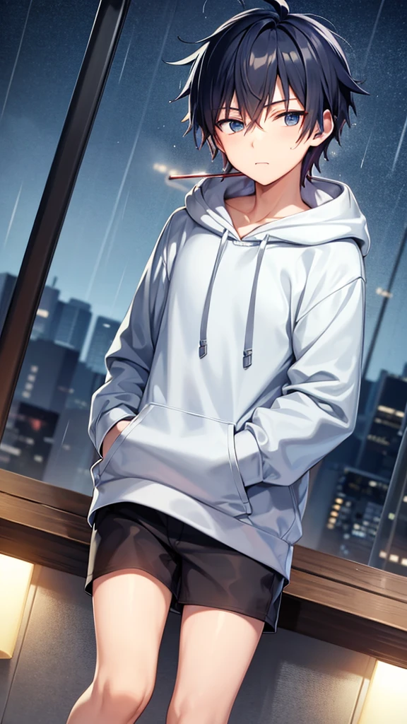 Anime boy wearing headphones smoking in the rain at night wearing hoodie