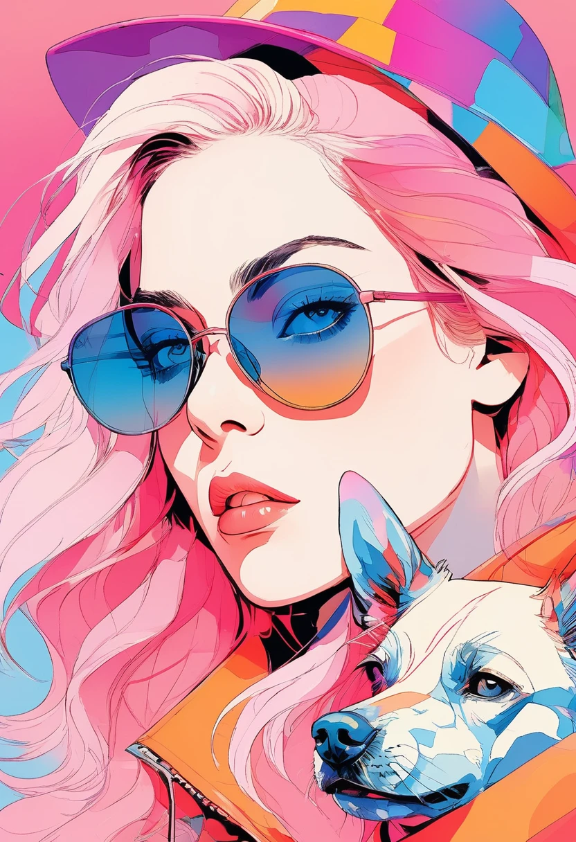 (Highest quality:0.8), (Highest quality:0.8), Perfect illustration,Portrait of a beautiful woman and her dog(Highest quality:1.2, City Pop Style, Very detailed, up to date, Vibrant, High Contrast, masterpiece:1.2, Highest quality, Best aesthetics), girl, ((Face Up Shot:1.4)), Colorful Hair, Bobcut, pastel colour, 1980s style, ((Retro, Vintage, Solid color background)), (sunglasses).