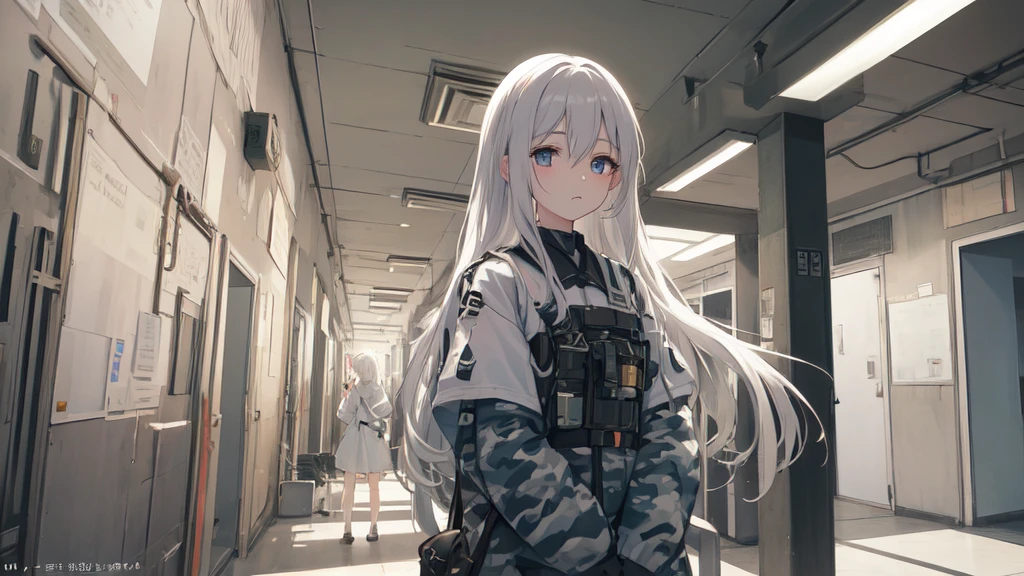 masterpiece:1.2), best quality ,pixiv, anime girl ,long straight white hair , black eyes ,Wearing off-white camouflage uniform ,ten years old,(Eyes looking into the distance:1.3),(look away:1.5),Girl standing in closed hospital corridor,