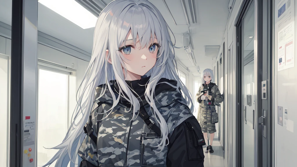 masterpiece:1.2), best quality ,pixiv, anime girl ，long straight white hair , black eyes ,Wearing off-white camouflage uniform ,，(Eyes looking into the distance:1.3)，(look away:1.5)，Girl standing in closed hospital corridor，