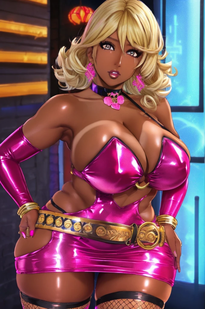 (One girl), Mature Woman, Huge breasts, (Huge breasts:1.2), Cleavage, (thick Thighs), Wide Hips, (Dark Skin:1.4), very Dark Skin, (Curly Hair),
Nanami, Long eyelashes, compensate, (Blonde:1.2),
tight, skin tight, Heavy breathing, Open clothes, Off the shoulder, Bodycon, Micro Dress, (Pink Dress), Cleavage, Thighs, Pink latex, Shiny clothes, Fishnet tights, View your viewers, Bare shoulders, Elbow hand pockets, belt choker, bracelet, Earrings, jewelry, Oily skin,
