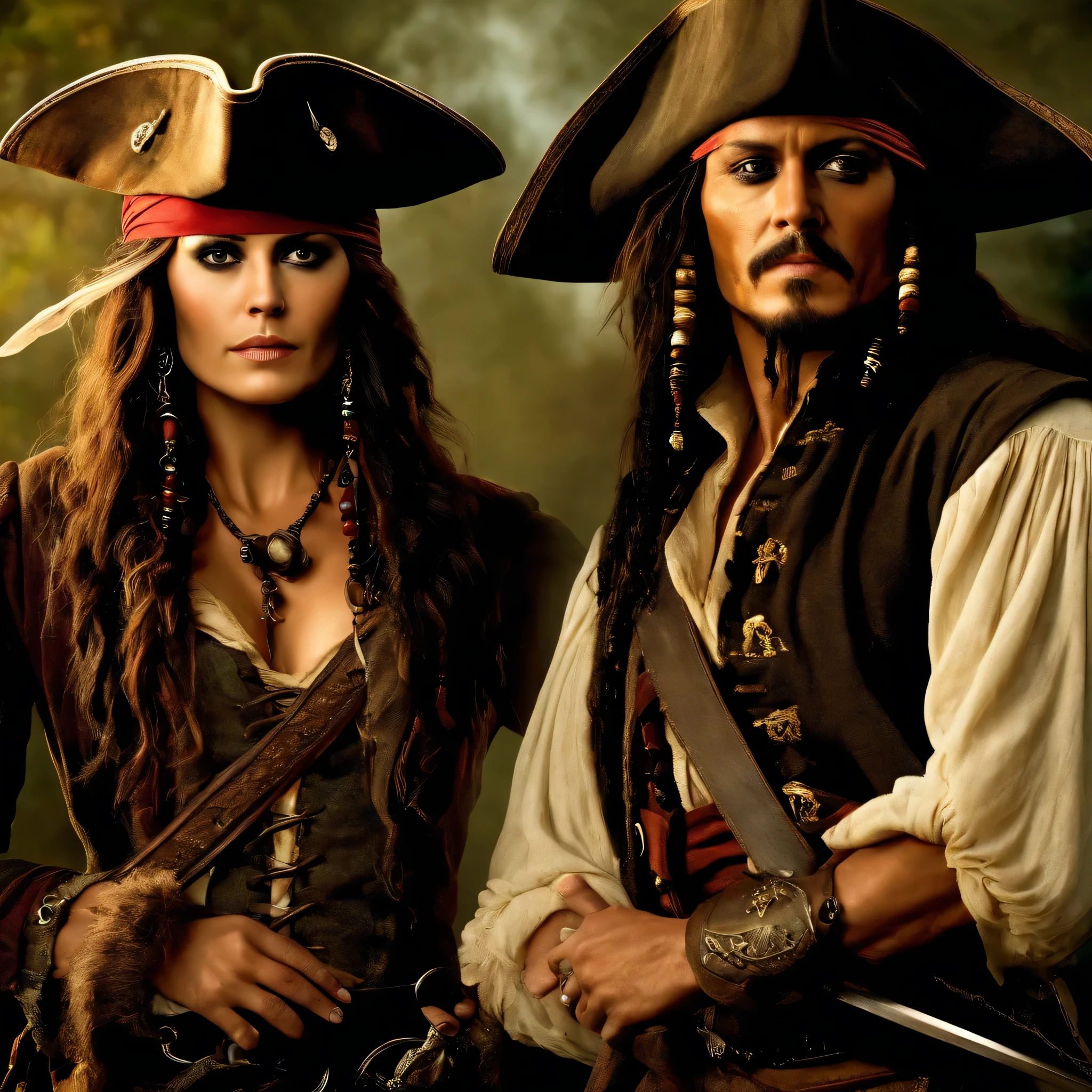 Captain Jack Sparrow next to a female pirate, with long, straight black hair.
eyes browns, with a sword in his right hand 