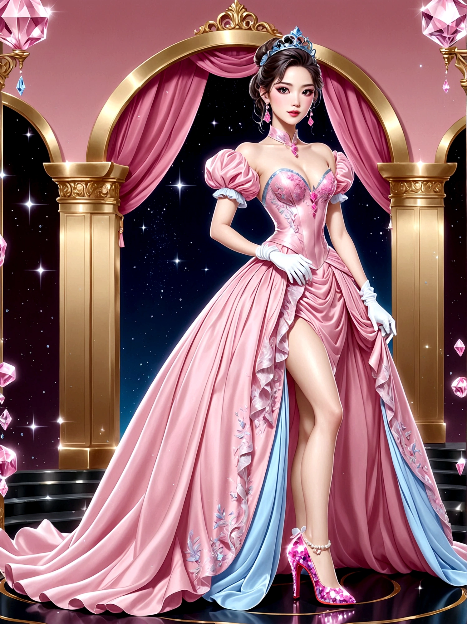 ((masterpiece))，Best quality，absurd，Ultra Detailed，(whole body:1.5)，Golden Ratio，Super cute and beautiful Asian idol girl，Very beautiful violet bright eyes，Beautiful colorful shiny brown hair，High Ponytail，good body shape，fit，Perfect body，(Wearing a stately and exquisite royal Cinderella court evening gown:1.5)，With huge puff sleeves and hourglass waist，adorned with bows，Embroidery and jewelry，Long white gloves，pearl necklace and earrings，Beautiful hair accessories，(Pink crystal high heels:1.8)，Dark theme elements, Pencil Sketch，(rococo style, Romanticism, modern, uhd, anatomically correct, accurate, textured skin, 8K)