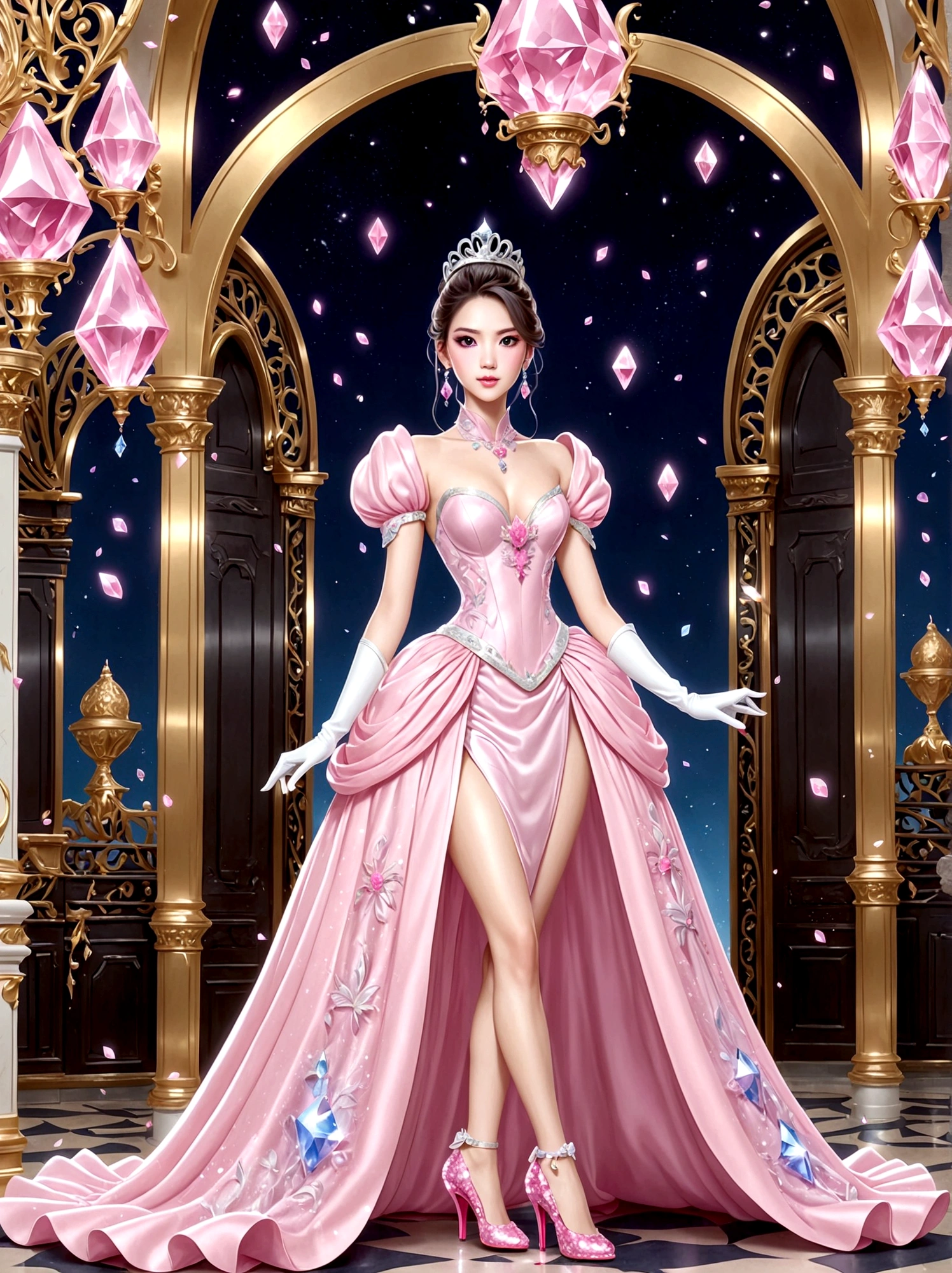 ((masterpiece)),Best quality,absurd,Ultra Detailed,(whole body:1.5),Golden Ratio,Super cute and beautiful Asian idol girl,Very beautiful violet bright eyes,Beautiful colorful shiny brown hair,High Ponytail,good body shape,fit,Perfect body,(Wearing a stately and exquisite royal Cinderella court evening gown:1.5),With huge puff sleeves and hourglass waist,adorned with bows,Embroidery and jewelry,Long white gloves,pearl necklace and earrings,Beautiful hair accessories,(Pink crystal high heels:1.8),Dark theme elements, Pencil Sketch,(rococo style, Romanticism, modern, uhd, anatomically correct, accurate, textured skin, 8K)
