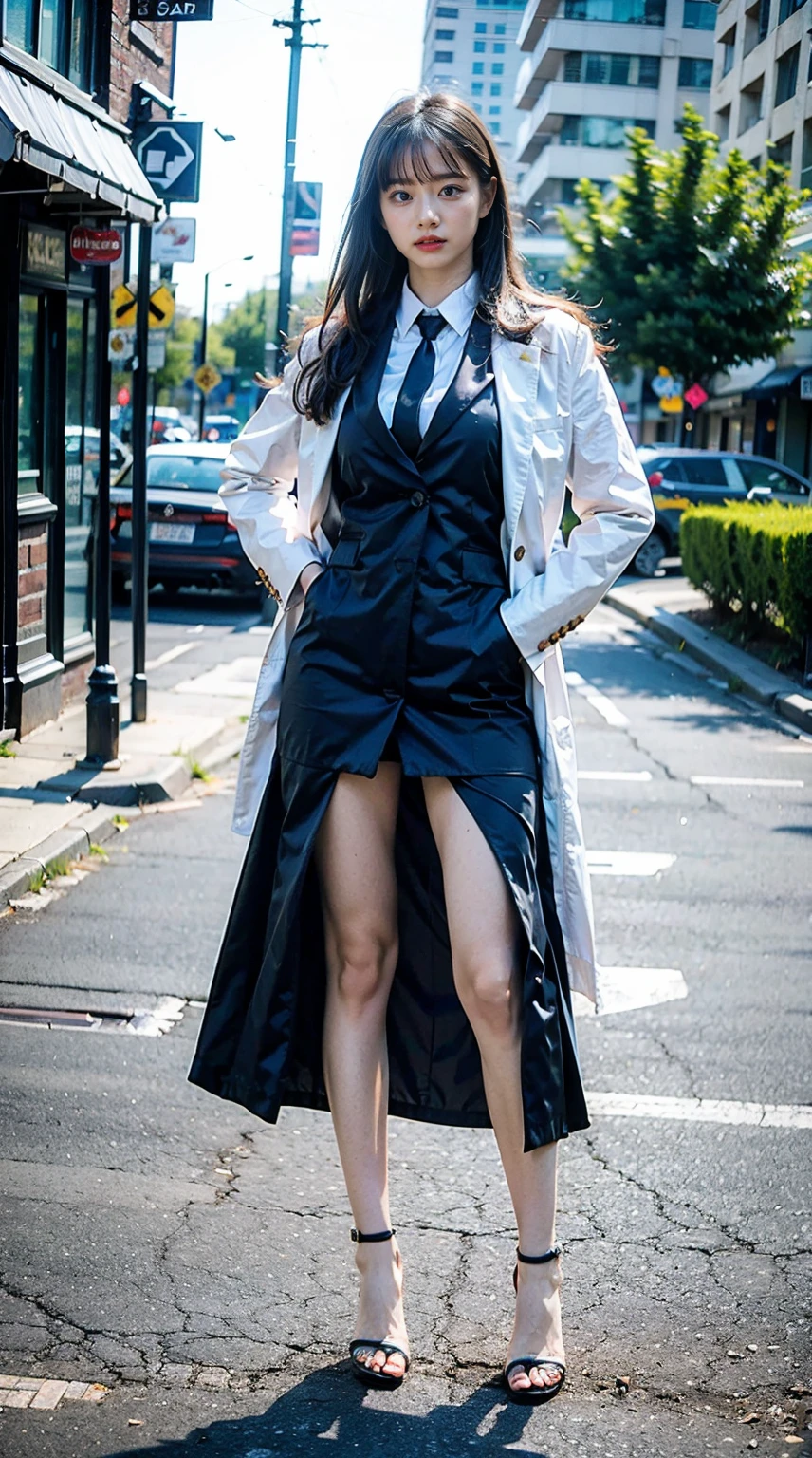 (8K、RAW Photos、Highest quality、masterpiece:1.2)、(Realistic、Photorealistic)、1 Girl、((In town、Jacket、shirt、skirt、black suit style、Heel、Big Breasts、Look forward、Standing with hands on hips))、