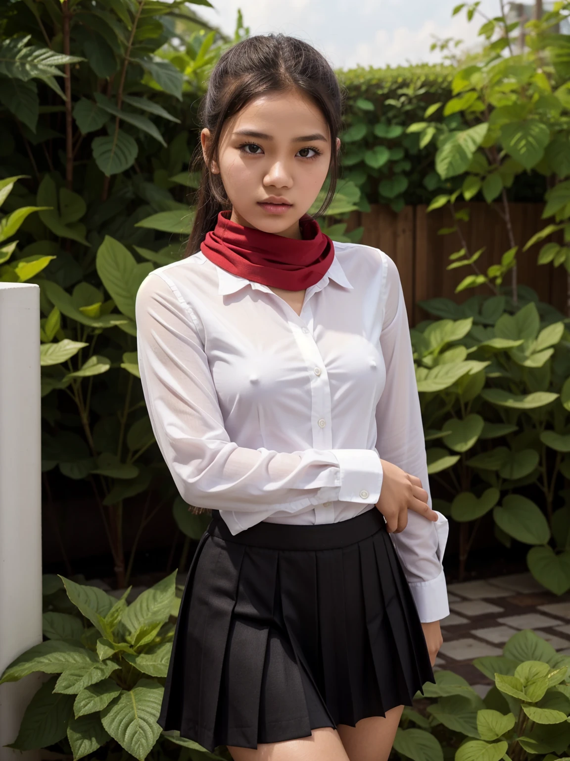 Upper body of a beautiful girl, 18 years old, Indonesian, provocative, white button-up shirt, red scarf, black suit and black pleated skirt, in the garden.