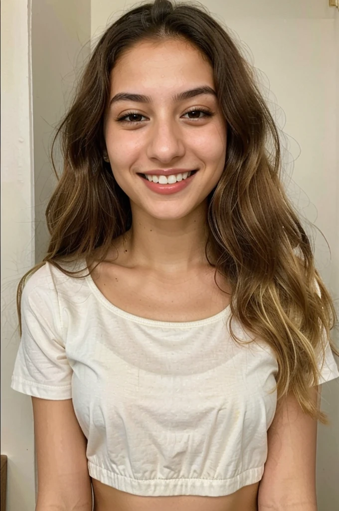 20YO, small nose, one women,attractive, Jordanian, Arab, Bright Yellow shirt, cute smile, cute face, white teethes, skinny face, light brown eyes, black/blonde long hair, modest