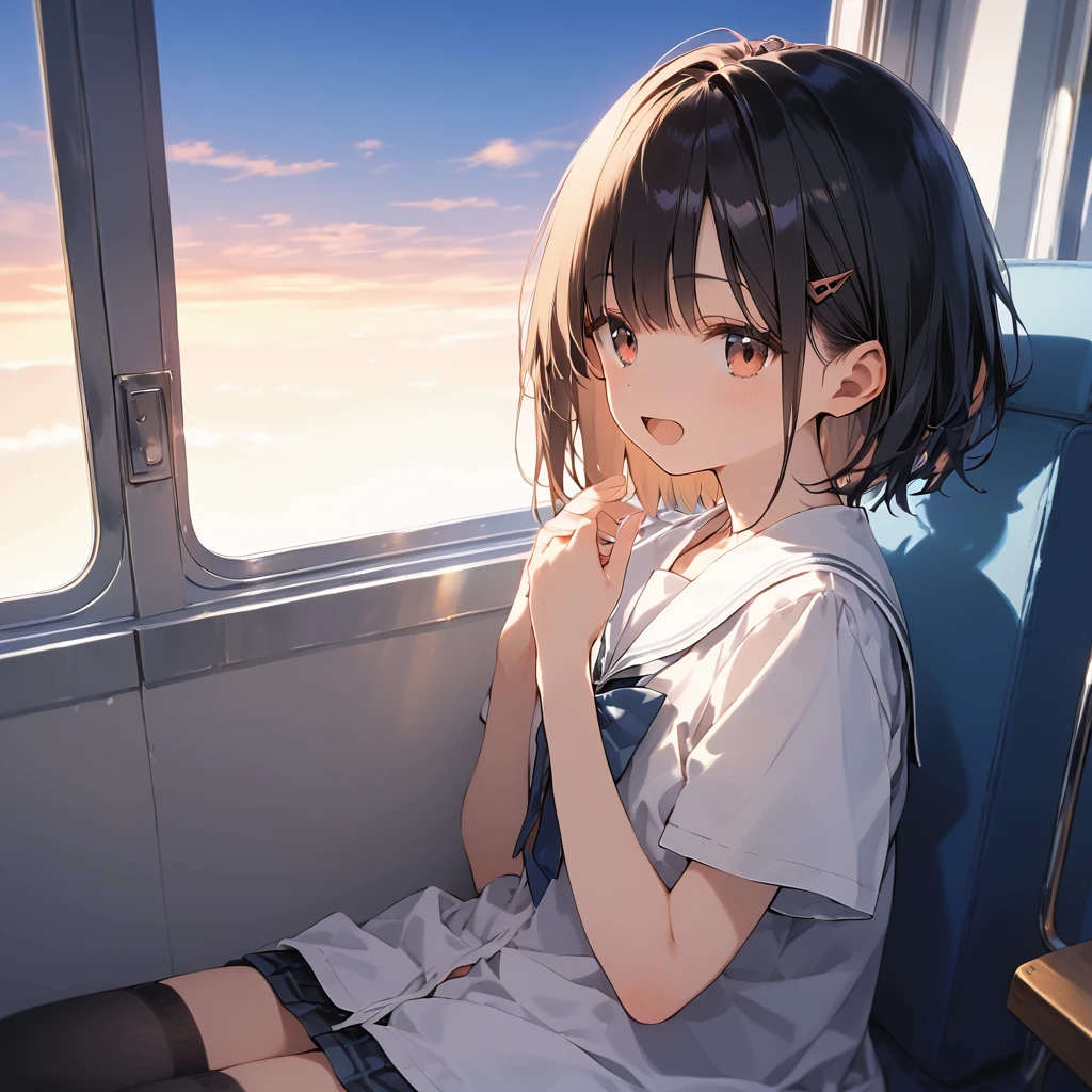 score_9, score_8_up, score_7_up, source_anime, best quality, masterpiece,ultra-detailed,official art, absurdres, highres, waifu2x, break,1girl, school girl, short hair, beautiful detailed eyes, sit, open mouth, (yawn:0.3), sleepily,night, train, break,(clear line illustration:1.2),very high resolution, very aesthetic, super detailed skin, Best sexual lighting powered by famous artist, 8k,ero picture,beauty illustration,photoshop_(medium),,(Detailed Lighting),