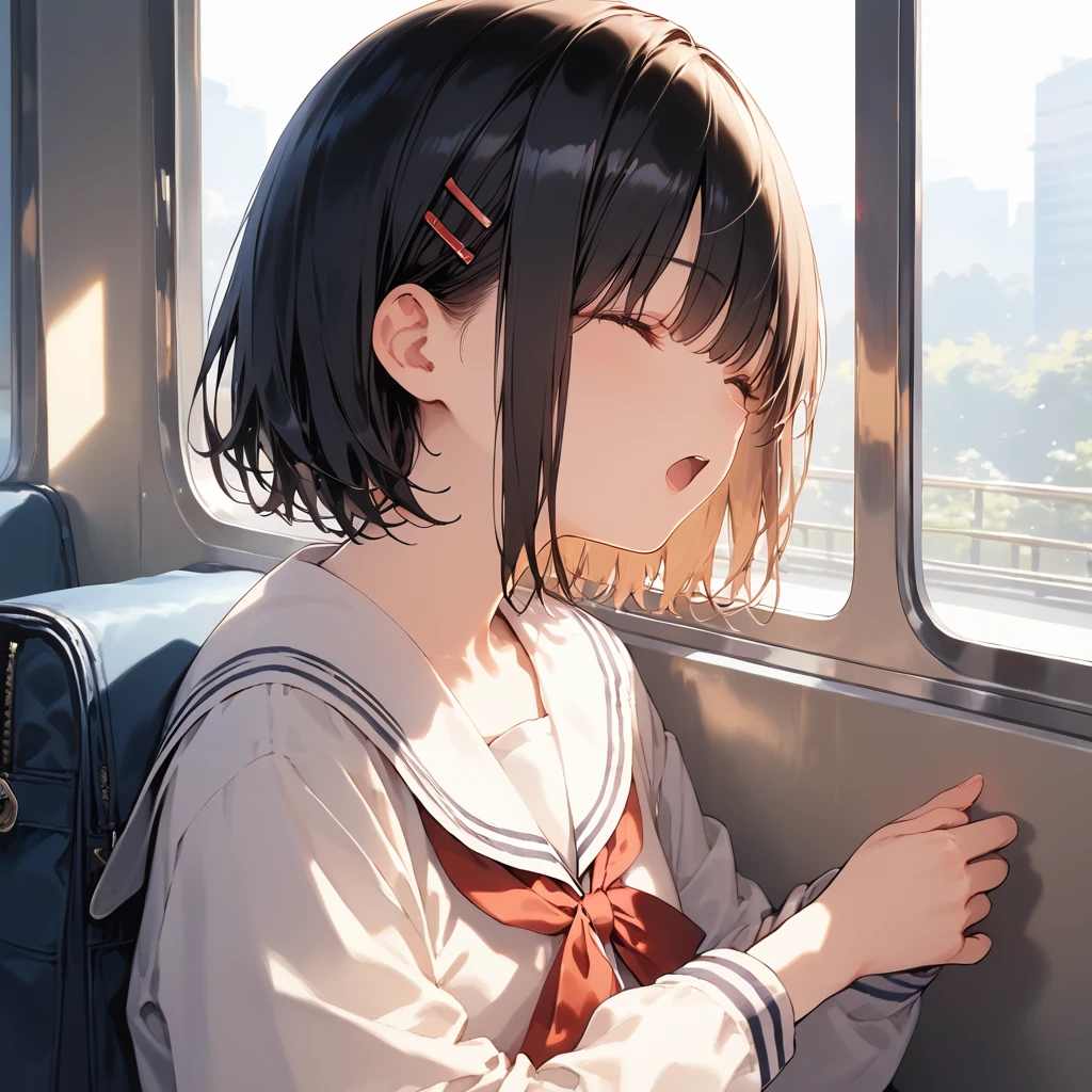 score_9, score_8_up, score_7_up, source_anime, best quality, masterpiece,ultra-detailed,official art, absurdres, highres, waifu2x, break,1girl, school girl, short hair,  beautiful detailed eyes, sit, open mouth, (yawn:0.3), sleepily,night, train, break,(clear line illustration:1.2),very high resolution, very aesthetic, super detailed skin, Best sexual lighting powered by famous artist, 8k,ero picture,beauty illustration,photoshop_(medium),,(Detailed Lighting),
