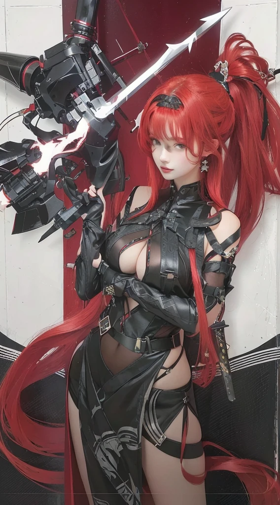 Beautiful girl with red hair and black outfit holding a sword